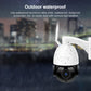 WiFi dome security camera with water droplets on white housing and antenna