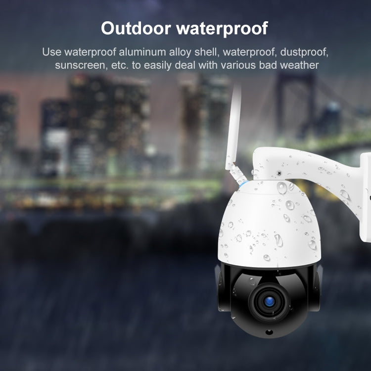 WiFi dome security camera with water droplets on white housing and antenna