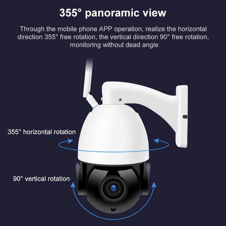 WiFi dome security camera shown with 355° panoramic view rotation