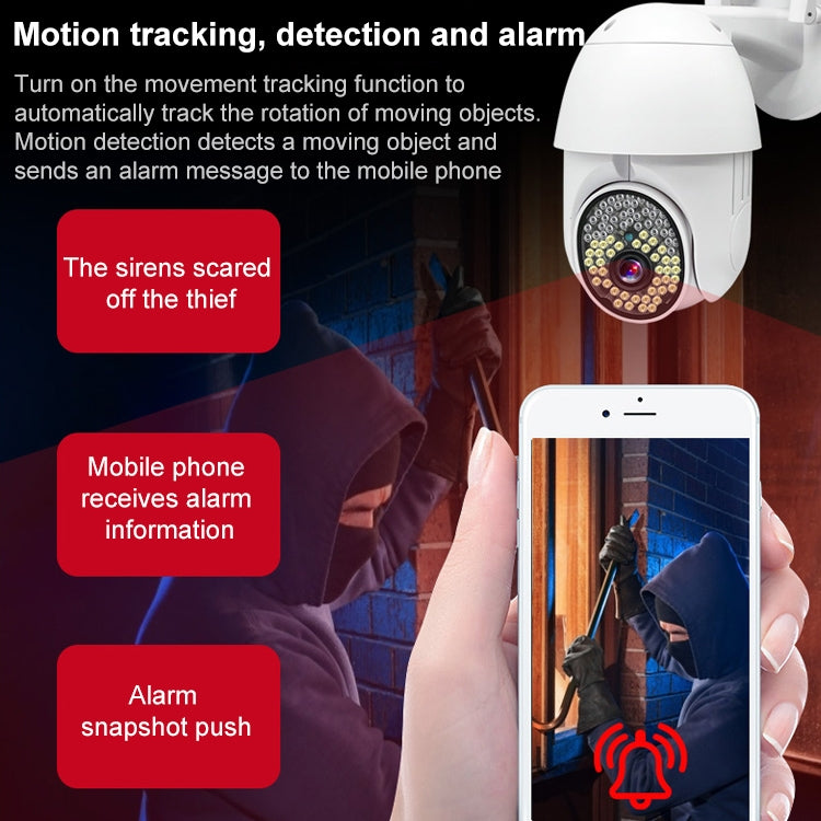 White outdoor dome security camera with motion tracking and phone alarm alerts