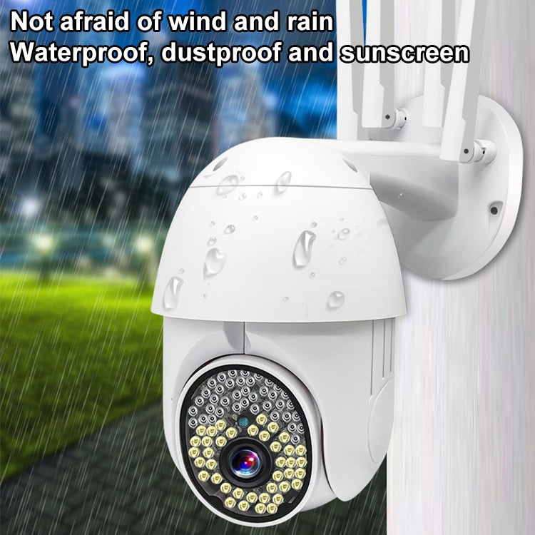 White outdoor dome surveillance camera with wall bracket and visible front lens, water droplets