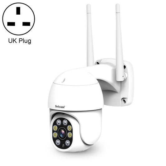 White outdoor PTZ security camera with UK plug, dual antennas, and front lens array.