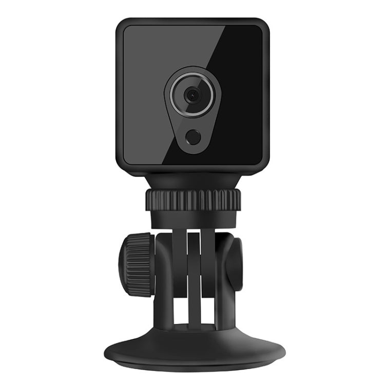 Black indoor wireless surveillance camera with square face and adjustable stand
