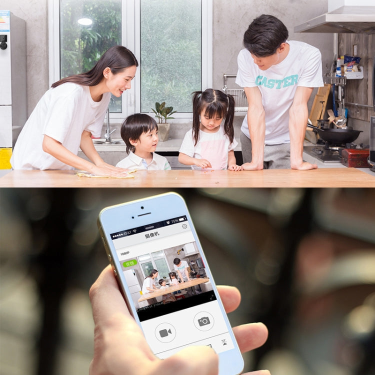 Wireless surveillance camera app on a smartphone shown in front of family indoors