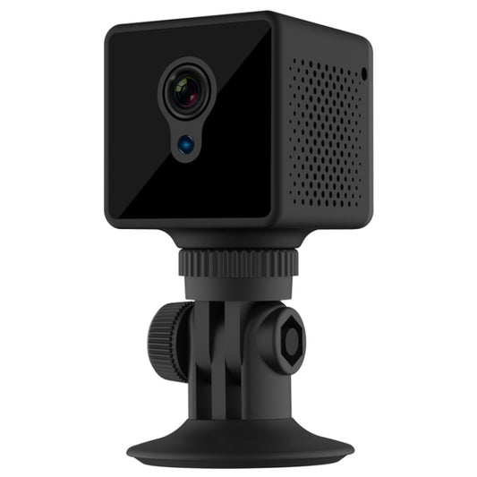 Black wireless surveillance camera with side speaker grille and adjustable mounting stand
