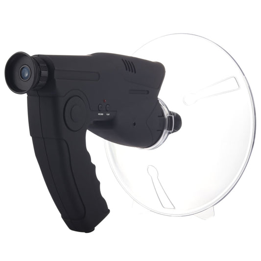 Black handheld listening device with round lens housing and clear ear horn