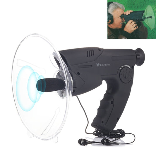 Handheld electronic listening device with large clear ear horn and black grip