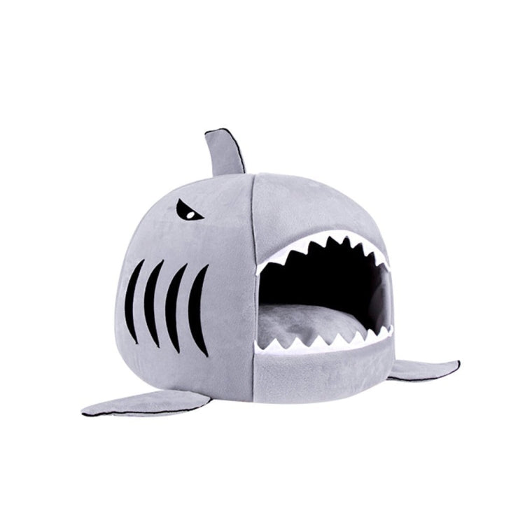 Grey shark pet bed with side profile view, open front, and plush base