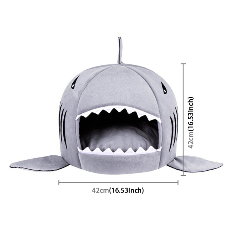 Grey shark-shaped pet bed with open front, side fins, and 42 cm width shown