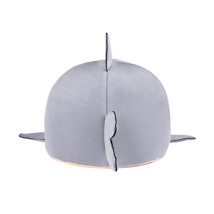 Grey shark pet bed with split back panel and hanging top fin