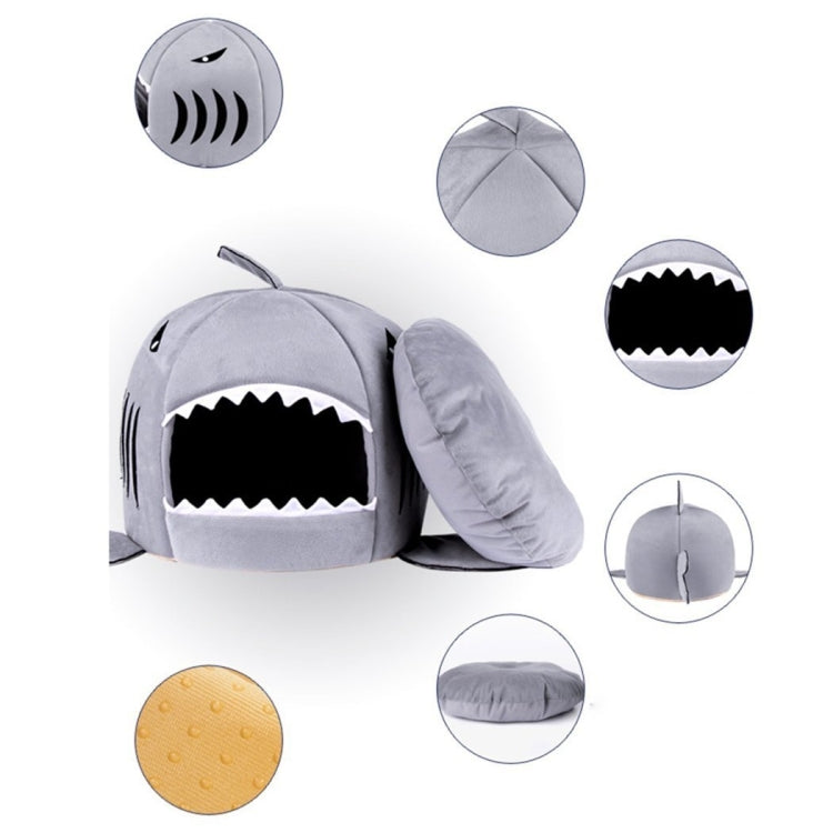 Grey shark pet bed with open mouth opening and side fin details