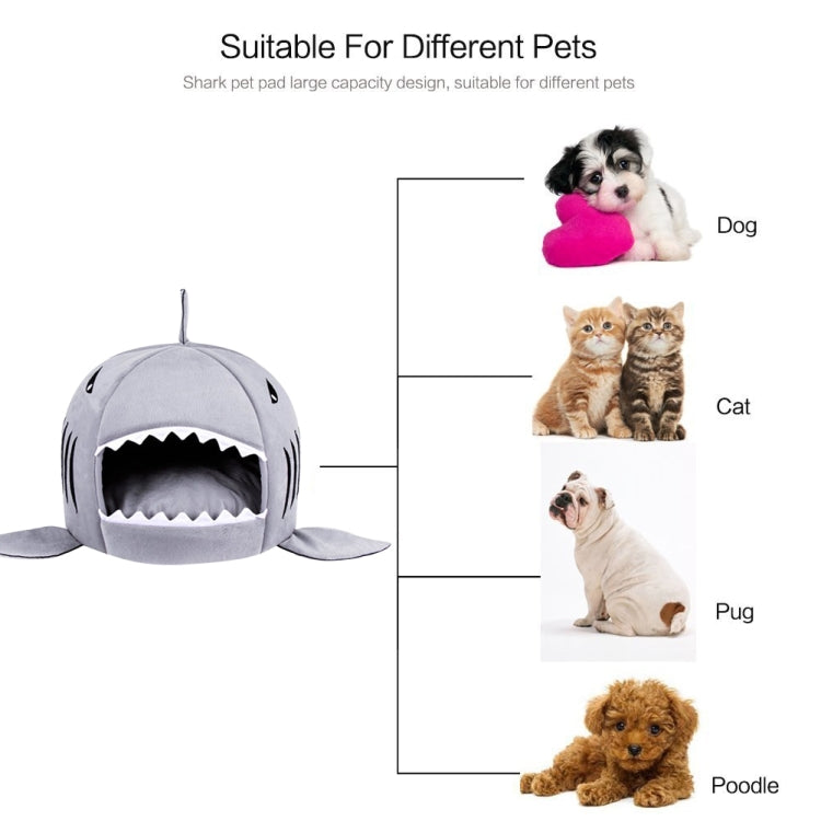 Grey shark-shaped pet nest bed with open mouth opening and dangling top fin