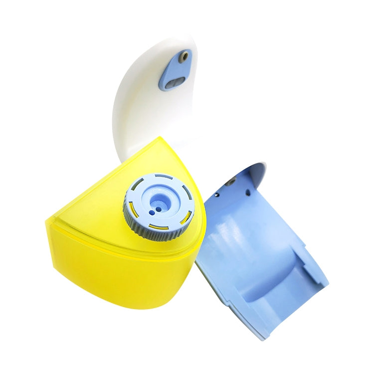 Automatic sensor soap dispenser with open front compartment and gray-and-yellow body