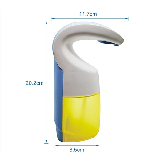 Automatic soap dispenser with curved gray housing and translucent yellow refill tank