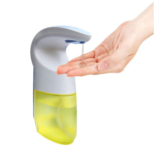 Hand-free automatic soap dispenser with gray top and translucent yellow liquid tank