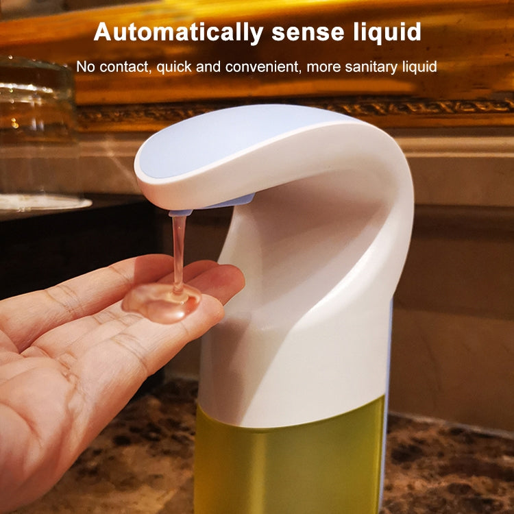 Automatic sensor soap dispenser dispensing a thin stream, white body with yellow tank
