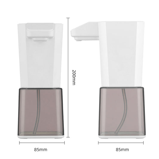 Automatic foam soap dispenser, white body with side views and height markings