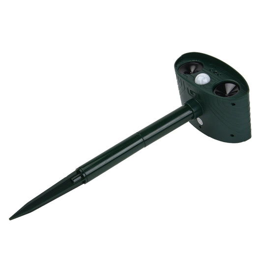 Green ultrasonic repeller device with angled sensor head and long stake