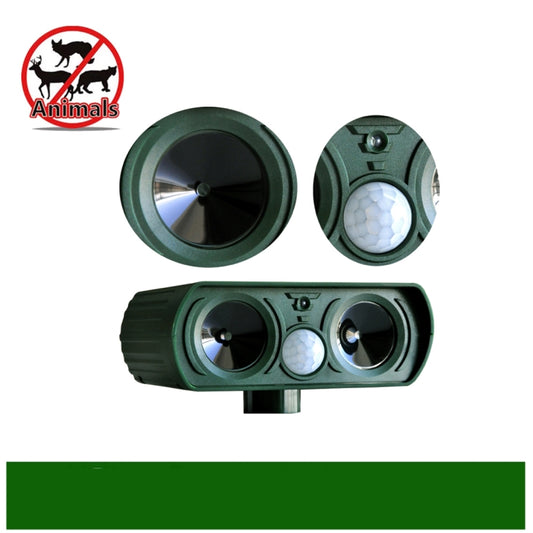 Solar ultrasonic repeller unit with circular speaker grille and front motion light