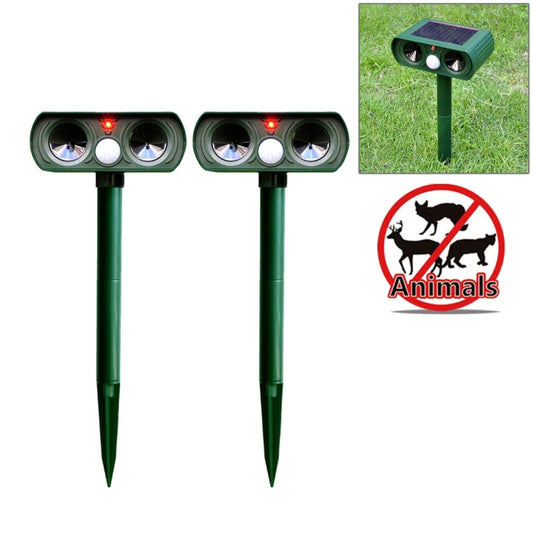 Green solar ultrasonic animal repeller set of 2 with stakes and twin speaker heads