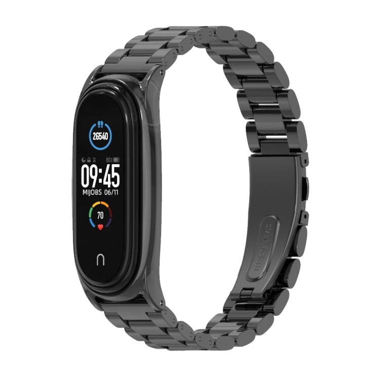 Black stainless steel watch band with metal link strap and built-in display area