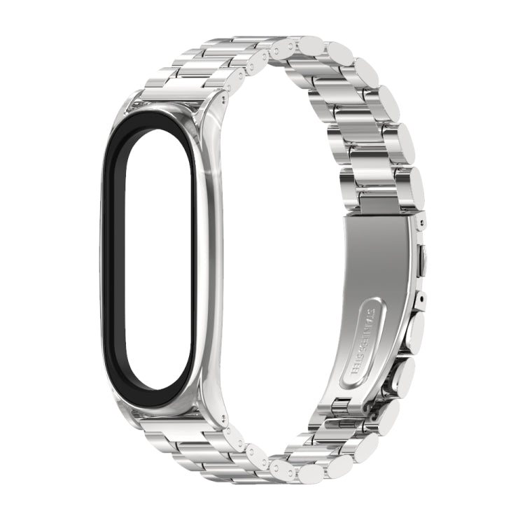 Silver stainless steel watch band with metal link strap and polished rounded frame