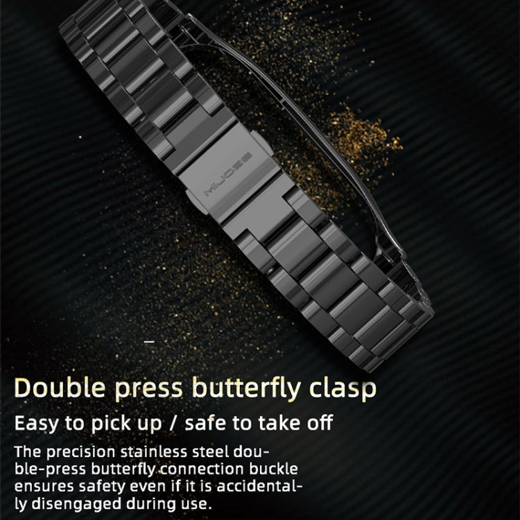 Black stainless steel watch band with metal clasp and interlocking links