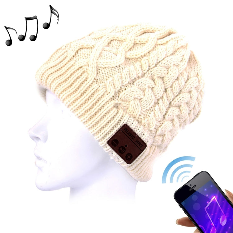 Cream wavy textured knit Bluetooth beanie hat with brown control patch and mic