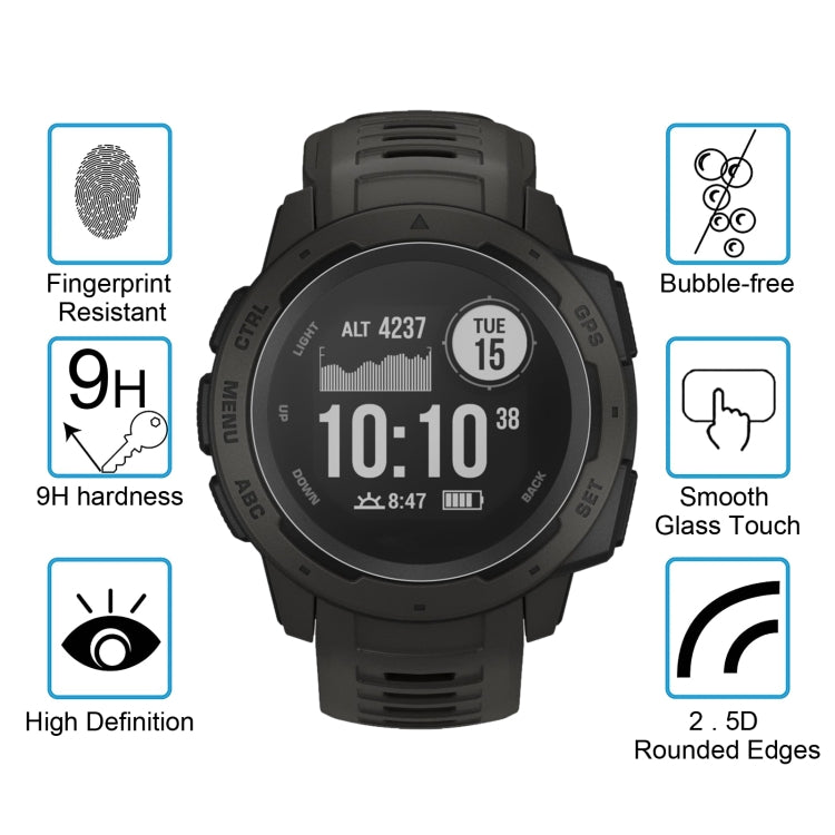 Curved tempered glass screen protector on dark smartwatch screen, clear round fit.