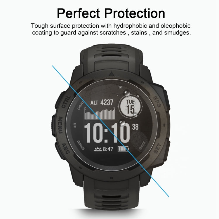 Curved tempered glass screen protector over dark smartwatch screen, clear coverage.