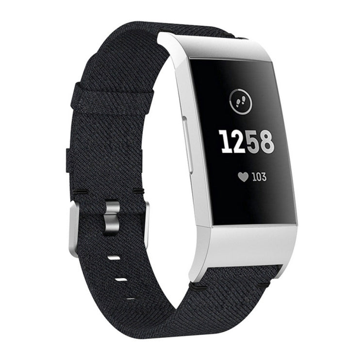 Black woven nylon watch band with metal clasp and adjustment holes