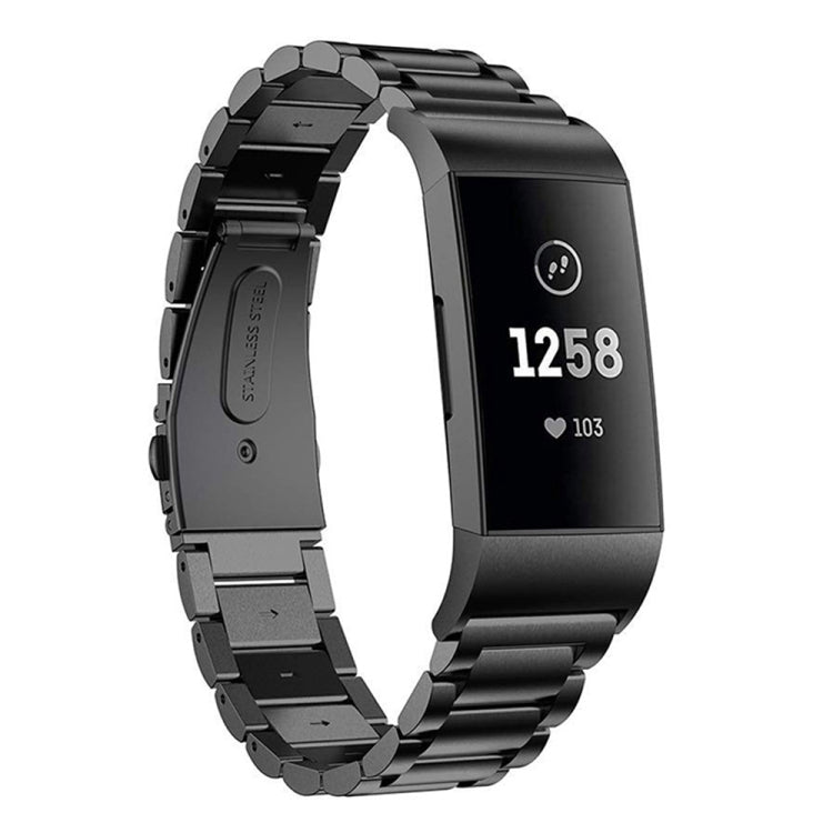 Black stainless steel watch band with slingshot buckle, three-bead link design