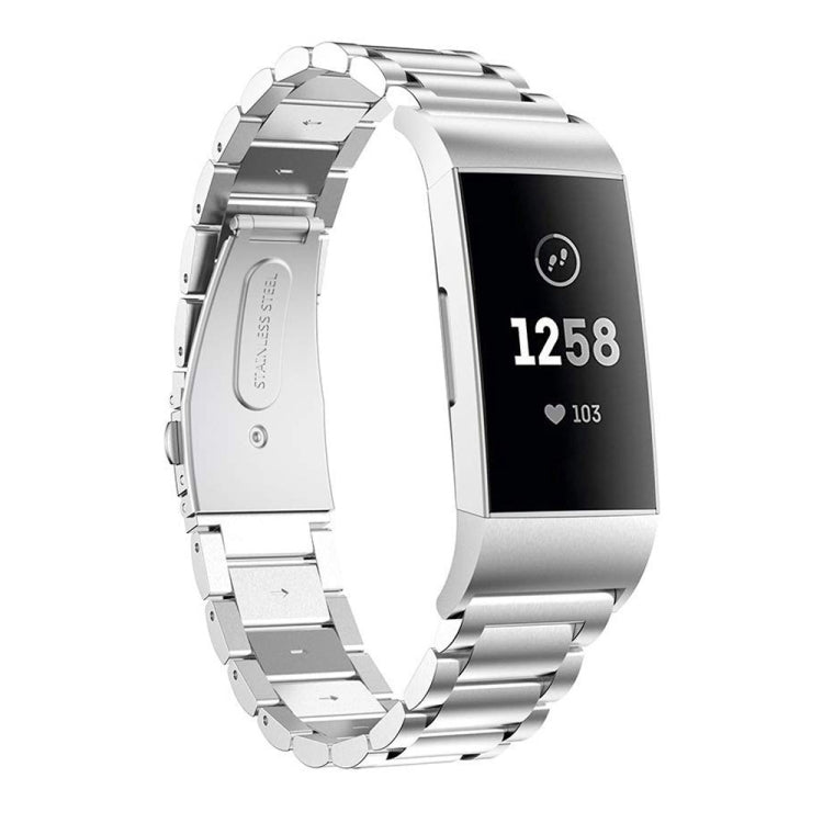 Silver stainless steel watch band with slingshot buckle, three-bead link design
