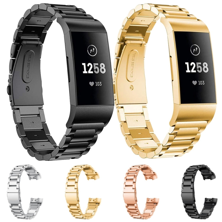 Four stainless steel watch bands shown in black, silver, gold, and rose gold colors