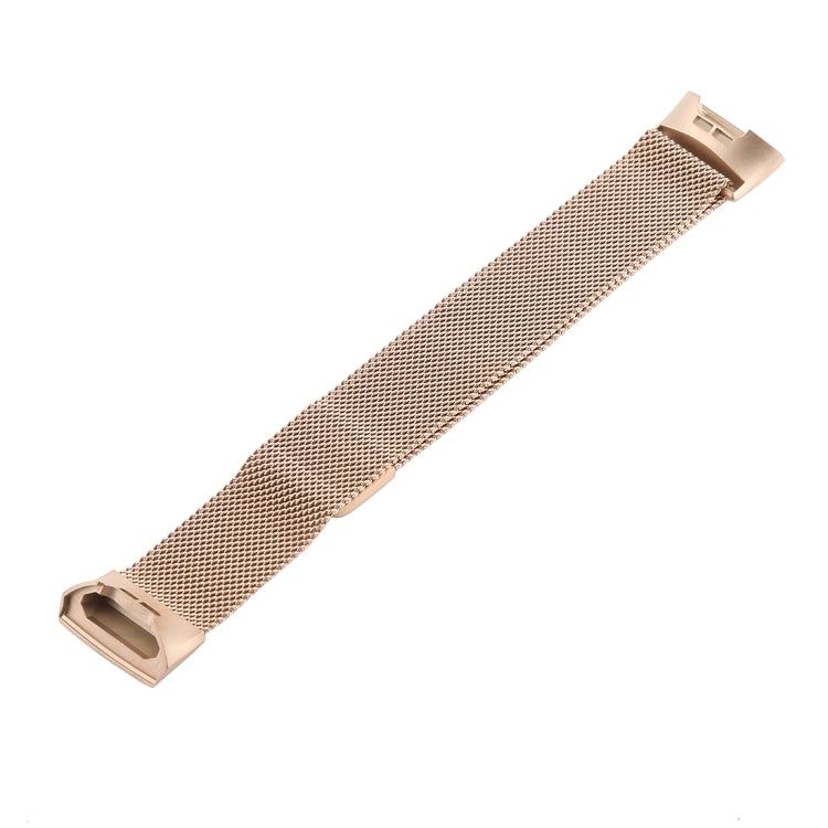 Gold metal mesh watch band with clasp and rectangular connector for Charge 3