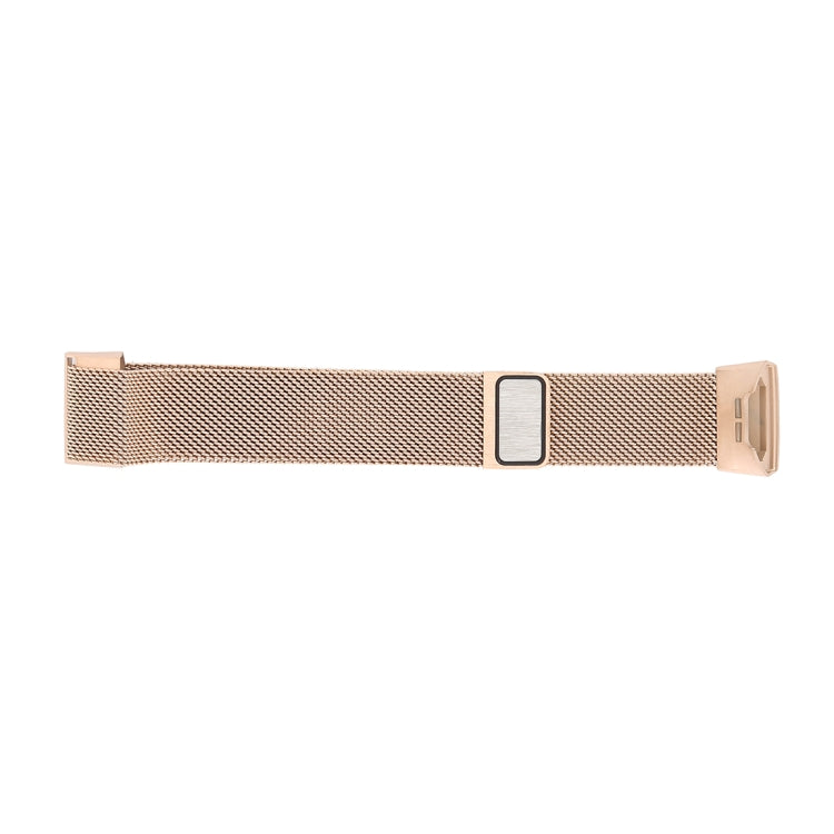 Rose gold metal mesh watch band with rectangular frame and clasp