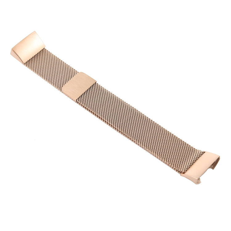 Rose gold metal mesh watch band with end clasp and rectangular opening
