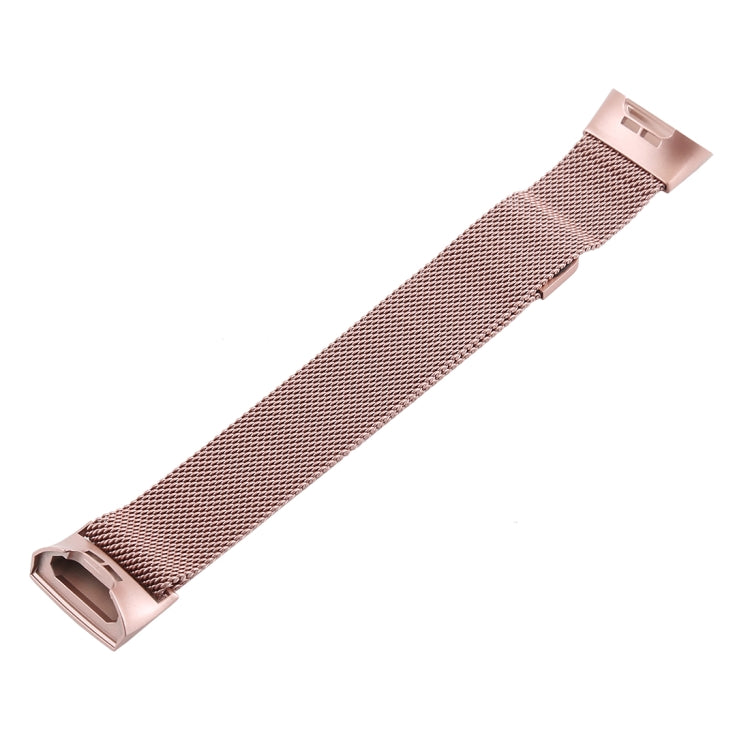 Rose gold metal mesh watch band with end clasp and rectangular connector