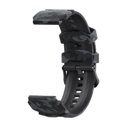 Camouflage silicone watch band with pin-and-buckle clasp, dark gray and black pattern