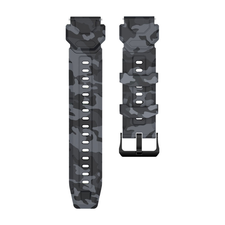 Camouflage silicone watch band side and top views, gray-black pattern with adjustment holes