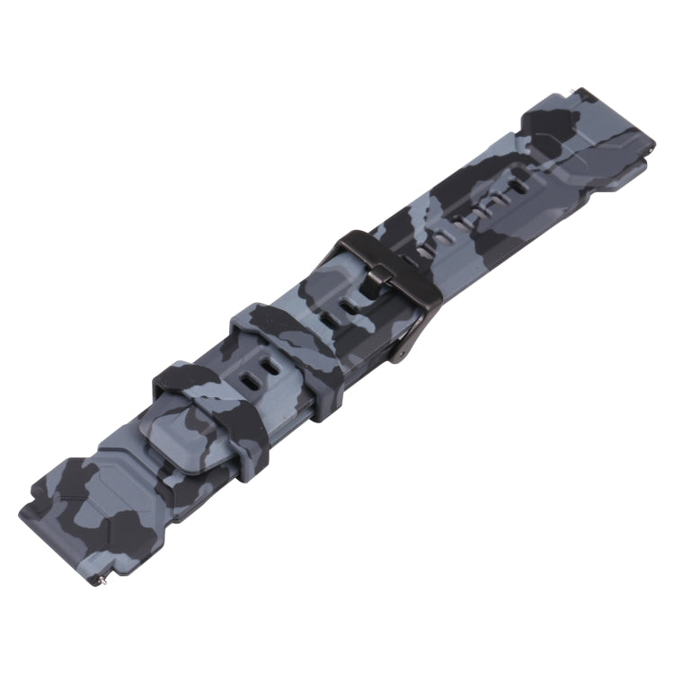 Camouflage silicone watch band with buckle and strap details, dark gray-black pattern