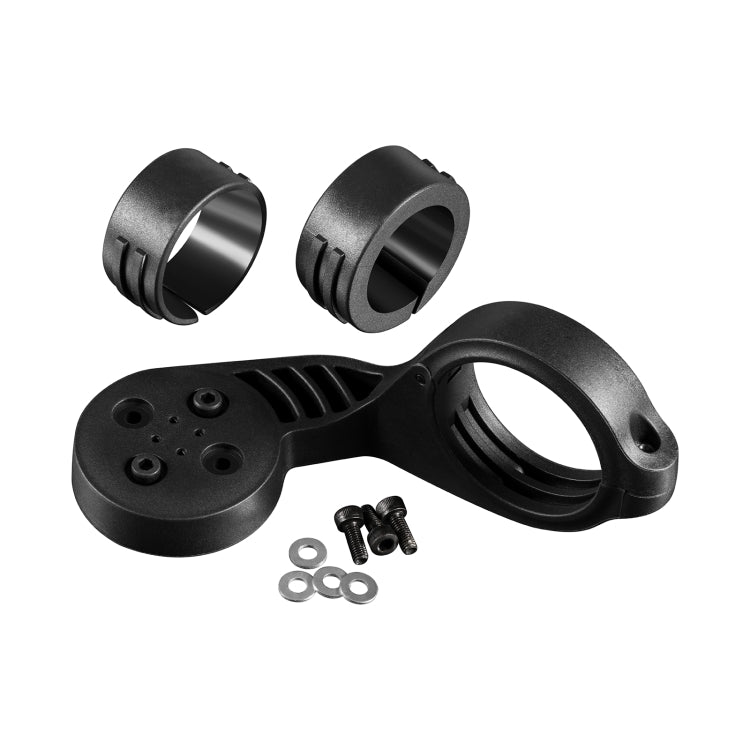 Dark bike mount stand kit with base, two clamps, and small mounting screws