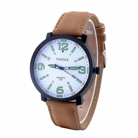 Men's quartz wrist watch with brown leather band, black case, luminous green dial