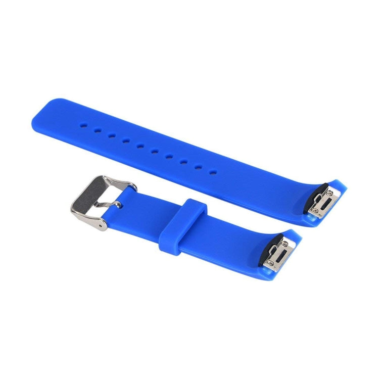 Blue silicone watch band with metal buckle clasp and perforations
