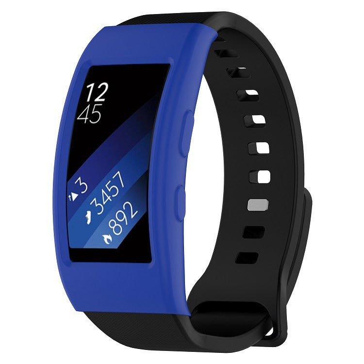Dark blue protective watch case with clear screen window and black silicone strap