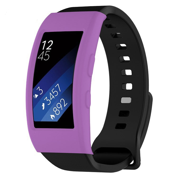 Purple protective watch case with clear screen window and black silicone strap