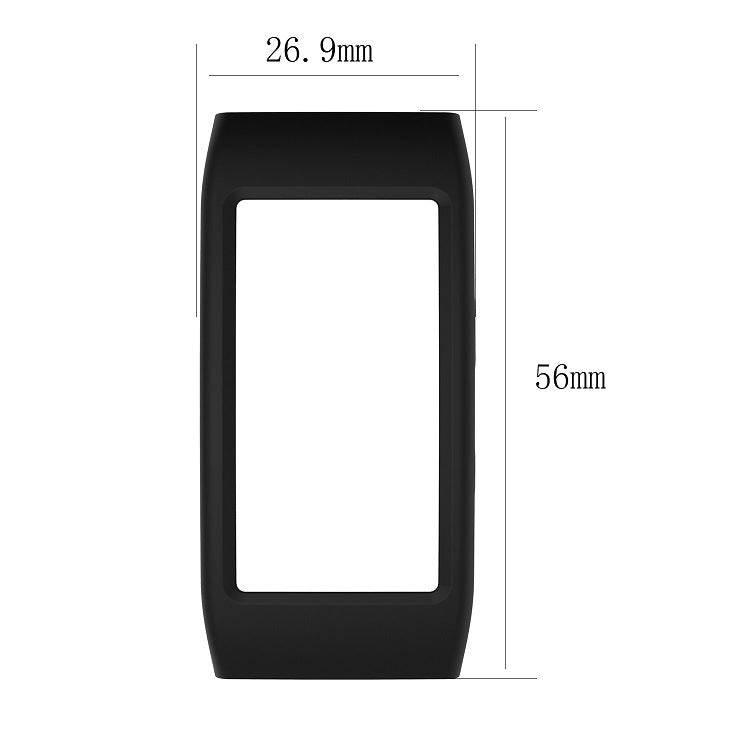 Black protective watch case with rectangular screen opening; size dimensions shown