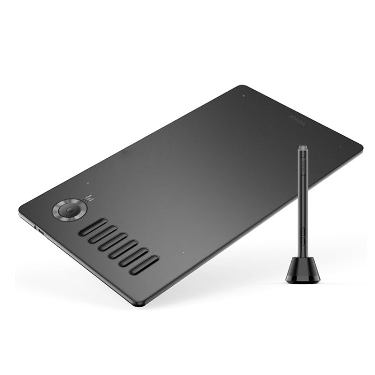 Black graphic tablet with shortcut keys and built-in pen holder, with stylus