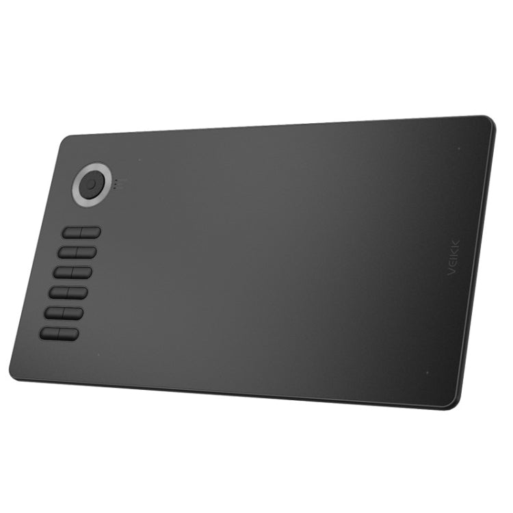 Black drawing tablet with circular control button and vertical shortcut key strip