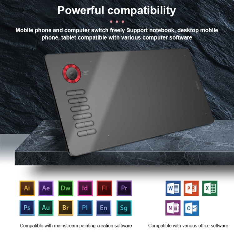 Gray graphics tablet with red circular control and multi-button side panel